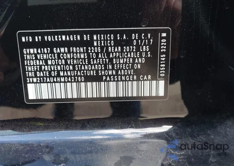 2017 Volkswagen Golf Tsi S 4-Door/Tsi Se 4-Door/Tsi Sel 4-Door/Tsi Wolfsburg Edition 4-Door from USA, damaged, VIN 3VW217AU4HM042760